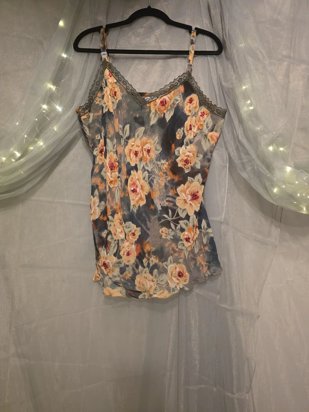 Y2K Cato Size 18/20W  Floral Lace-Trim Camisole - Green & Peach